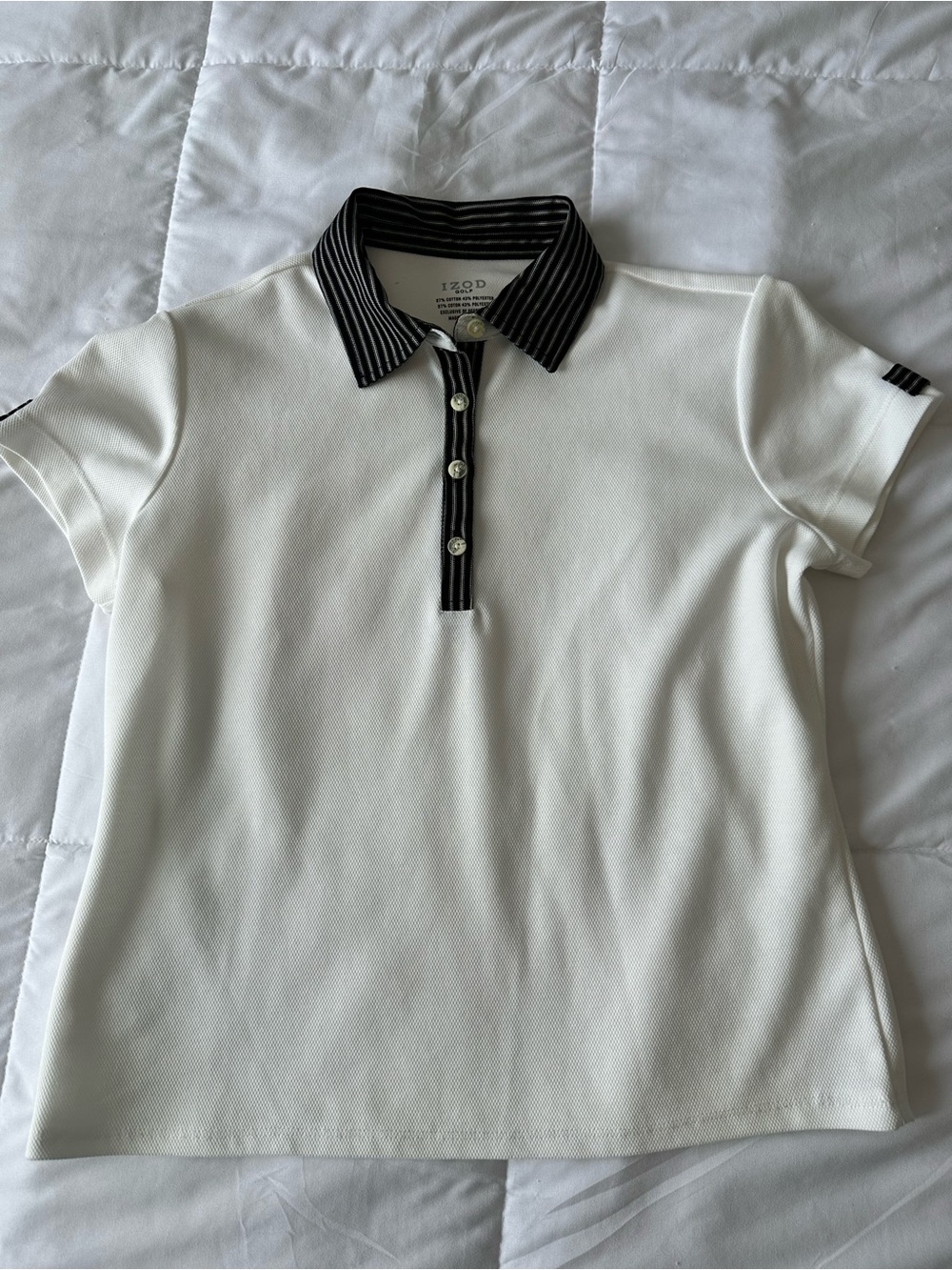 Women’s White Polo Shirt Striped Collar Short Sleeve Size S Quiet Luxury